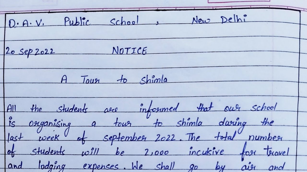 Write Notice On A Tour To Shimla Notice For School Trip Notice 
