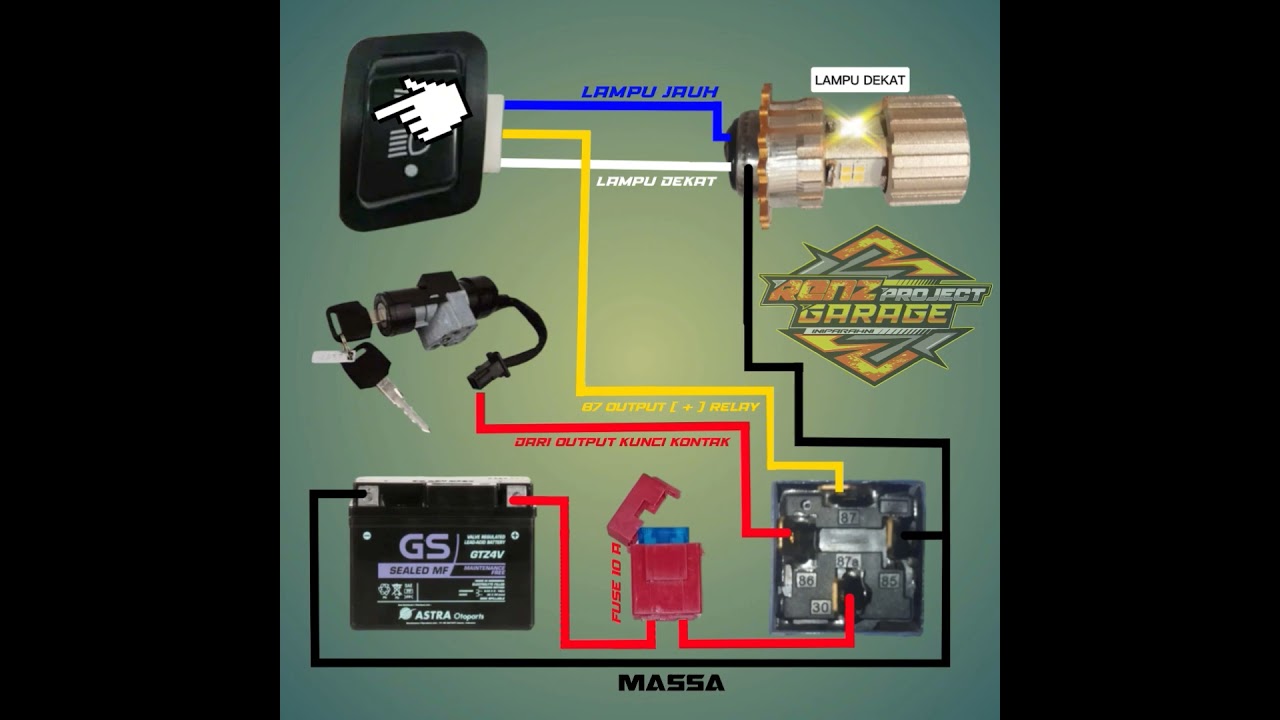 skema perakitan relay 4 kaki lampu jauh dekat