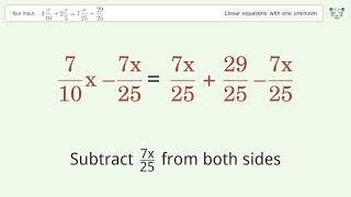 Solve 3x/10+2x/5=7x/25+29/25: Linear Equation Video Solution | Tiger Algebra