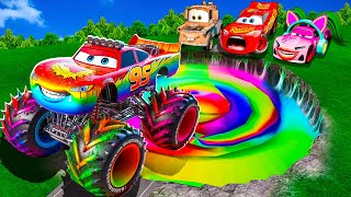 Rainbow Pit Transform In Big & Small:McQueen Supercar & Mater vs Pixar Cars! Beam.NG Drive!