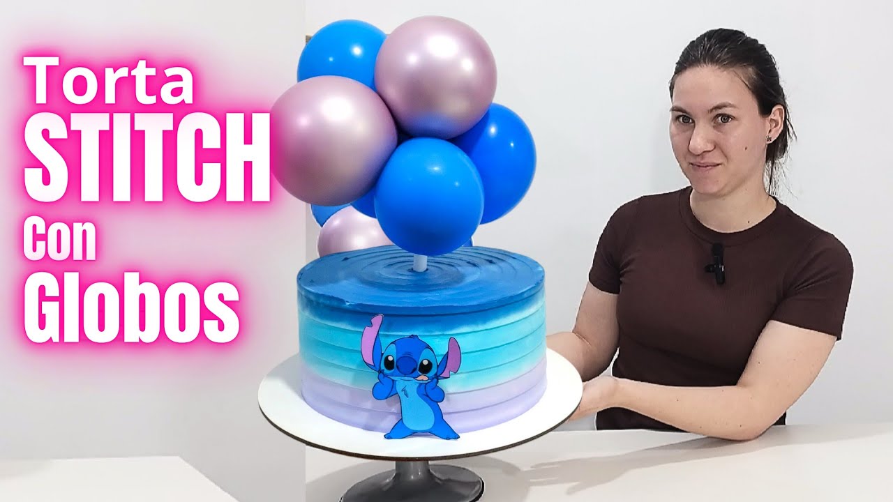 Decoración de Torta con Crema Chantilly Stitch con Globos Degradé de Colores Azules de Chantilly