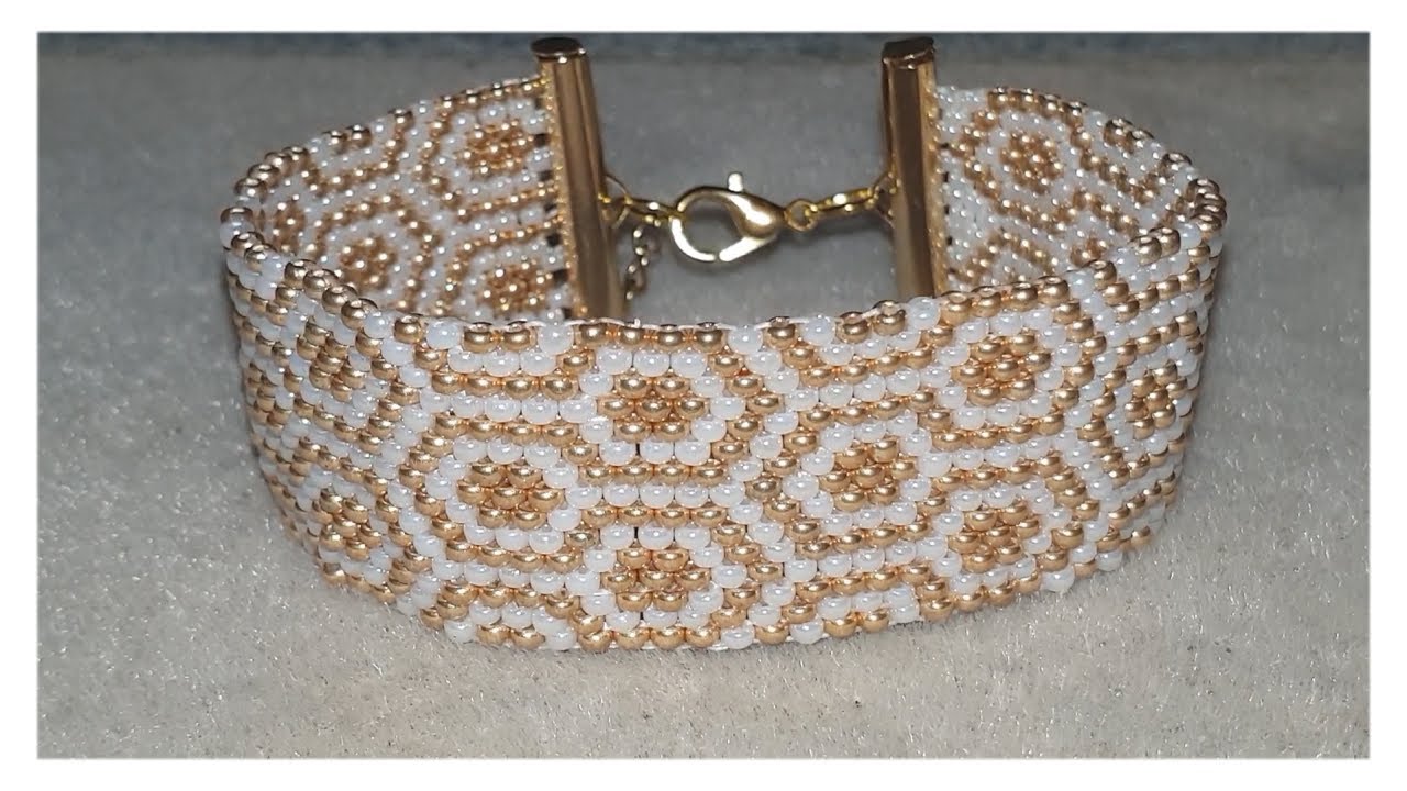 Bracelet manchette tissage peyote doré et blanc