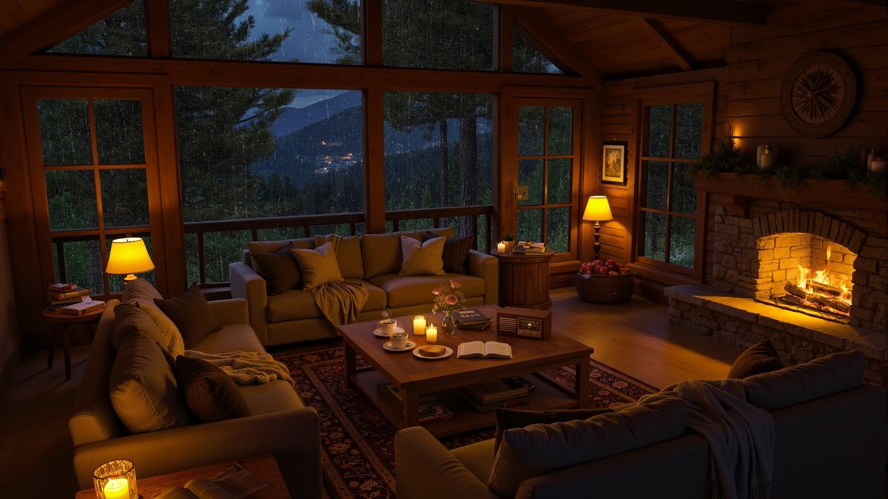 Cozy Rainy Cabin Ambience | Relaxing Jazz, Gentle Rain & Fireplace Sounds for Reading, Studying