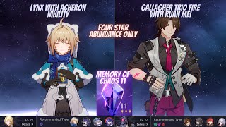 Honkai Star Rail | Memory of Chaos 11 | 4 star abundance character challenge with Lynx and Gallagher