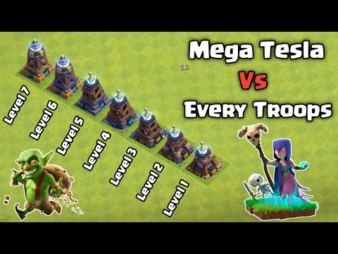 Mega Tesla Straight line Every level vs Every Troops Super troops clash of  clans 