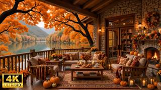 September Autumn Piano Café🍂Cozy Lakeside Porch with Soft Piano, Rustling Leaves & Fireplace to Work screenshot 3