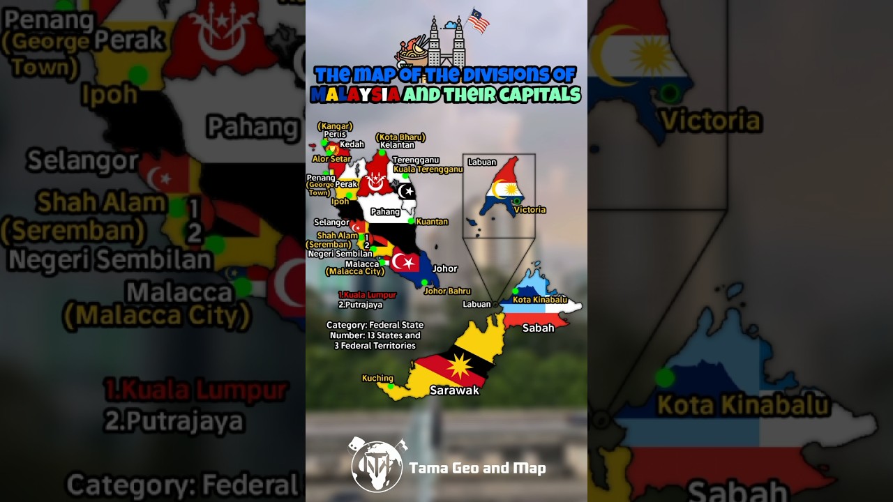 The map of the divisions of Malaysia and their capitals