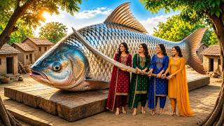 4 Village Girls Catch and Cook a Giant Fish! 🐟| Giant Fish Village Feast #villagelife #fish #hunting