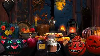 COZY HALLOWEEN NIGHT AMBIENCE★HOT DRINK, BONFIRE, FULL MOON, PUMPKINS, APPLES, AUTUMN🌝🖤🐈‍⬛🎃☕️🍎🌽🔥 screenshot 5