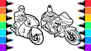 Coloring Spiderman and Batman on Bike Superhero Coloring Page