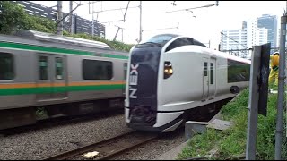 成田エクスプレス、山手線、湘南新宿ライン（宇都宮線）のJR電車が通過します（踏切）【Train Passing】Level Crossing(Railroad Crossing)