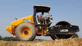 Driving JCB Road Roller on Road - Road Roller Moving on Road to Compact Soil - JCB Roller Video