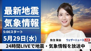 【Live】最新気象・地震情報 2024年5月29日(水)／全国的に天気回復　西日本、東日本の太平洋側は気温上昇〈ウェザーニュースLiveモーニング・魚住茉由〉