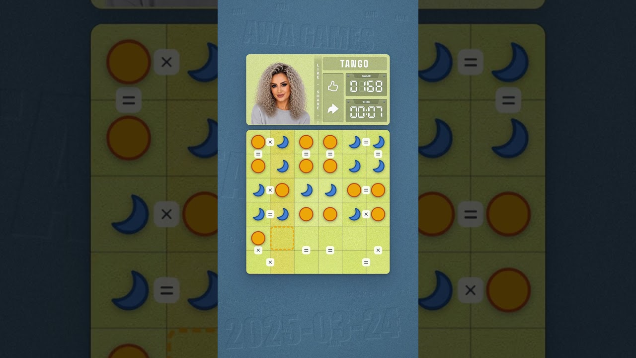 LinkedIn Tango #168 solved board for March 24, 2025, 6x6 grid