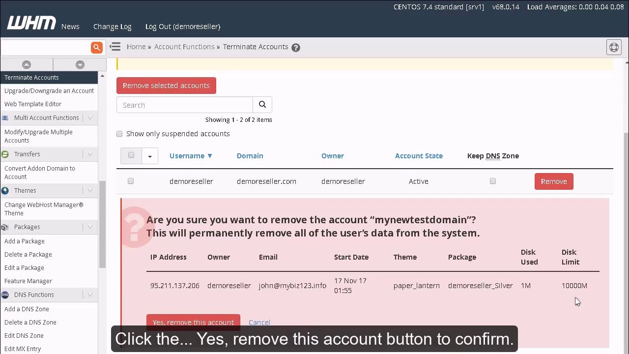 How to terminate an account in WHM?