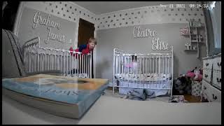 Baby says hi then leans forward and falls out of crib (Security camera)
