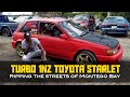 Pull scene of nose turbo 1nz toyota starlet ripping the streets of montego bay