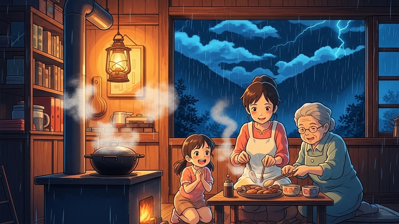 Storm Over the Mountain Village | Cozy Family Dinner Ghibli ASMR | MoonBreeze