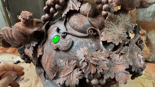 Artistic Wood Carving / Carved Grapes and Squirrel Family