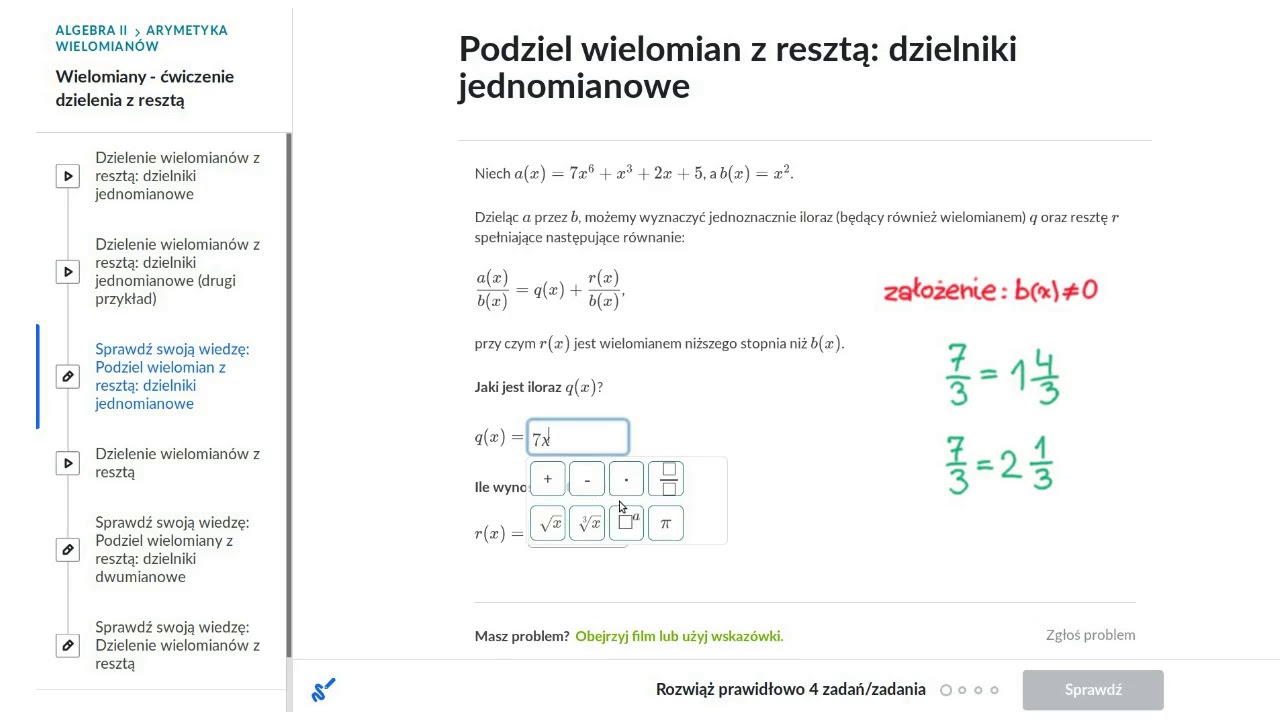 Dzielenie wielomianów z resztą: dzielniki jednomianowe (drugi przykład