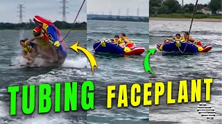 Girl and a Boy Crash and Faceplant While Tubing After a Couple of Skips on the Water