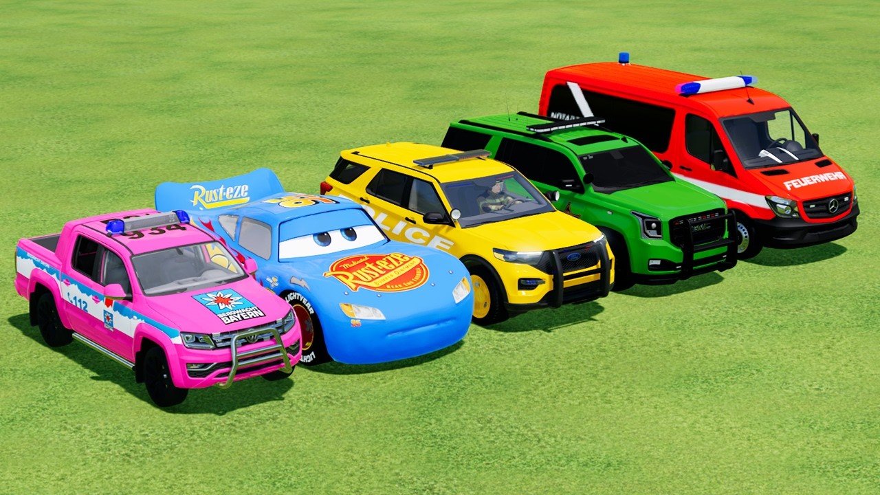 Volkswagen, Mcqueen, Ford Interceptor, GMC Yukon, Mercedes With Cars Transport of Man Trucks