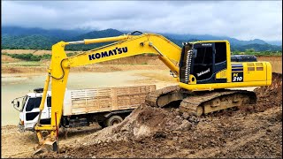 รถขุด KOMATSU PC21010M0 พารถใหม่มาลงงานแก้มลิงกับทีมงานสิบล้อ งานทอยเก็บขอบสันเขื่อน