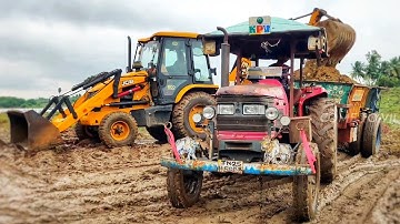 JCB 3DX Backhoe Loader Loading Mud Work By Mahindra tractor | tractor video | jcp | come to village|