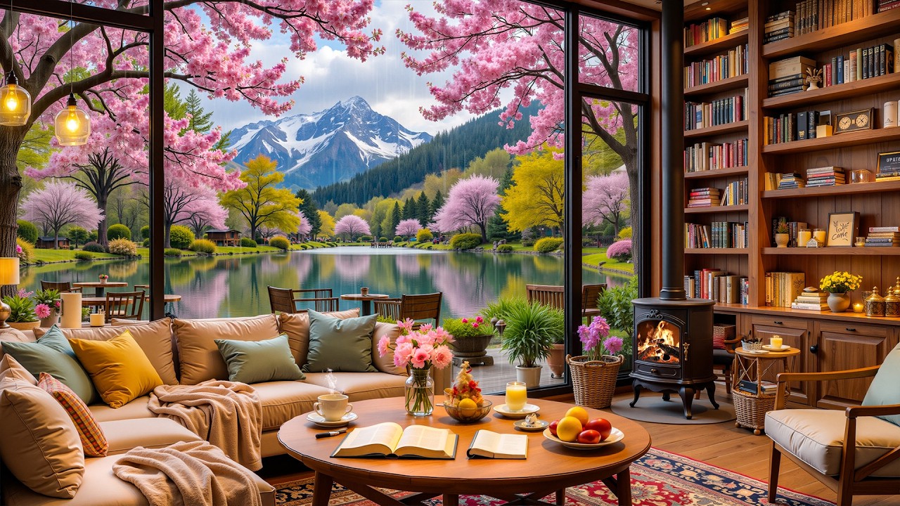 Peaceful Spring Rain Café ☕ Soft Smooth Jazz Piano with Fireplace & Gentle Rain for Study