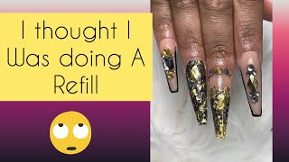 Doing A Whole New Set. Black & Gold Extra Long Coffin Nails on my Sister.