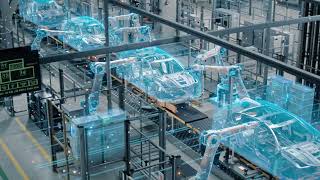 Car Factory Digitalization Industry Concept Automated Robot Arm Assembly Line Manufacturing High