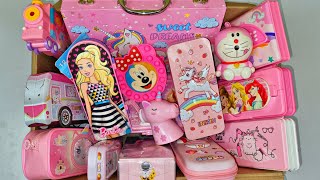 Ultimate cute pink stationery collection - bus pencil box, unicorn pencil sharpner, colour pencils