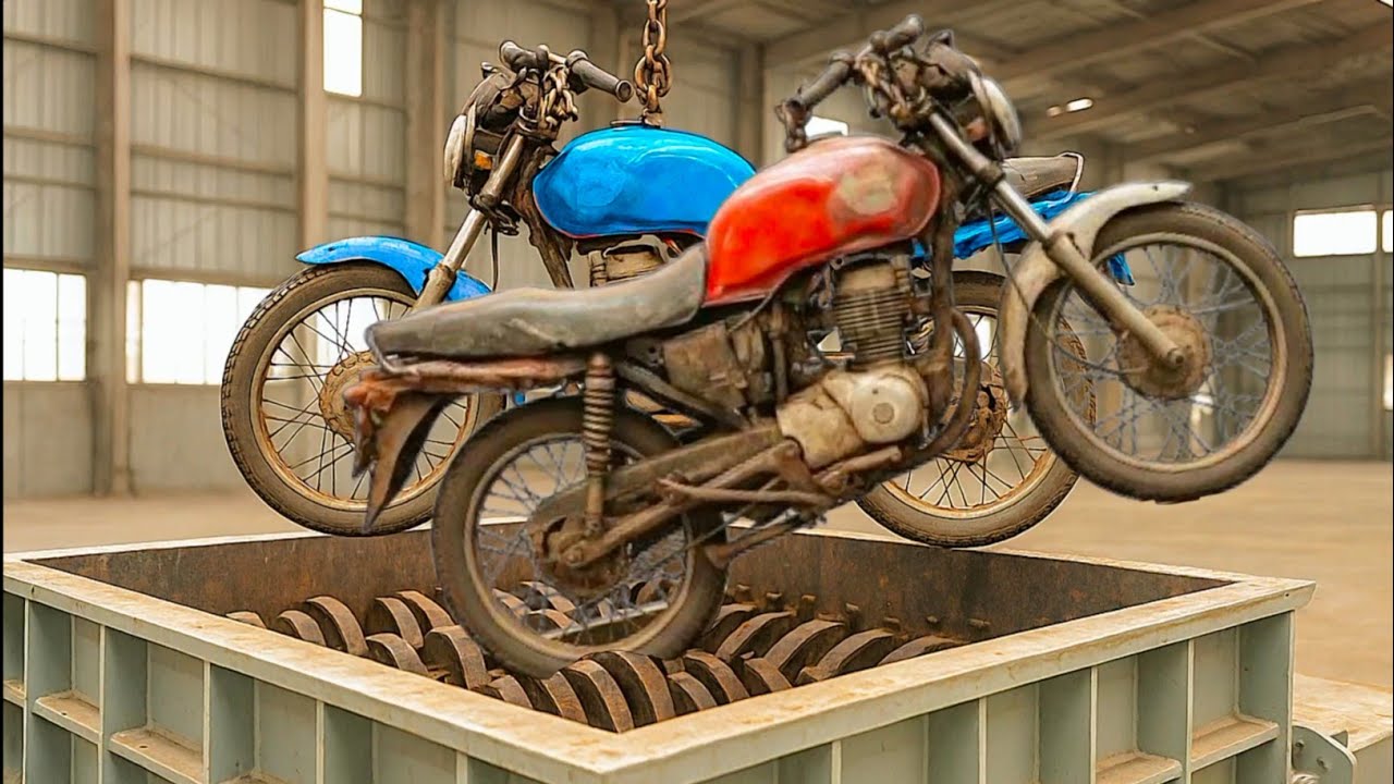 Extreme Giant Shredder Destroying Metal and Motorcycle! Extreme Metal Shredding machine 