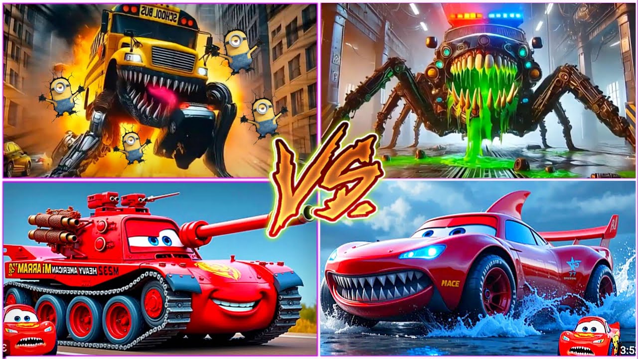 School Bus Monster🆚Police car Eater🆚MCqueen Tank🆚MCqueen shark 🎶 Tiles hop EDM Rush 🎶