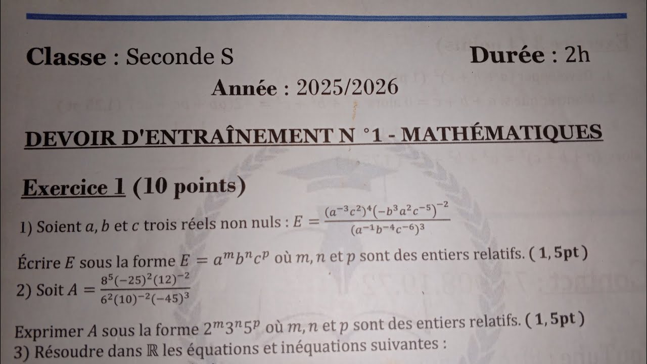 Préparation de DEVOIR MATHS de Seconde S Diawacademie 📔