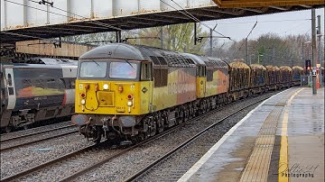 Colas 56049 & 56113 storm through Lancaster with the 6J37 loaded log train - 12/04/2023