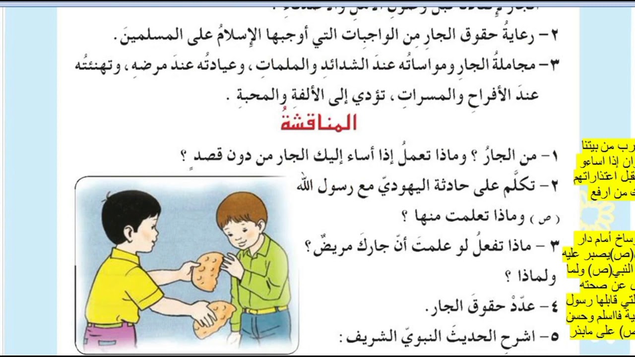 شرح حديث حسن الجوار وحل المناقشه لمادة الاسلاميه للصف السادس الابتدائي ص16و17و18