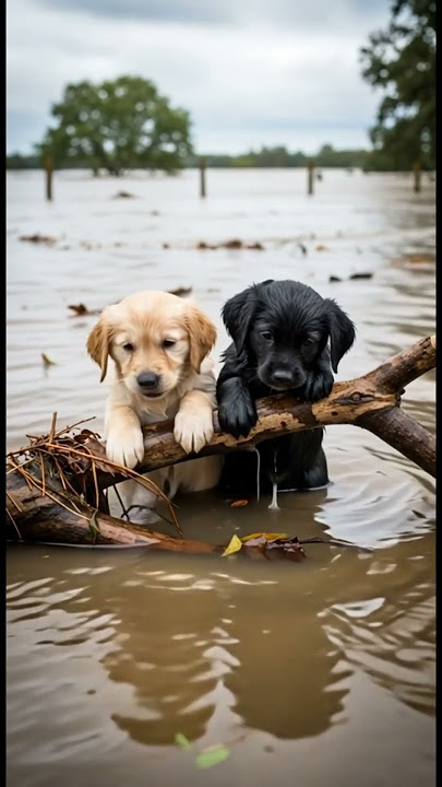 Floodwaters are flowing, two little furry puppies cling to driftwood, crying for help