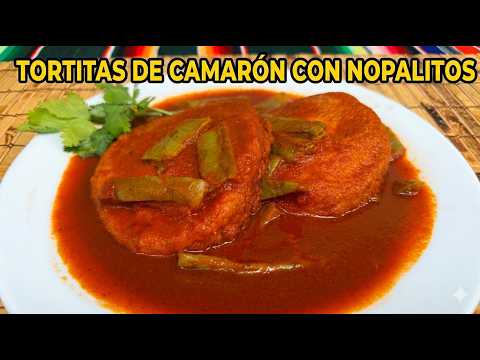 Shrimp fritters with nopales in red chile sauce