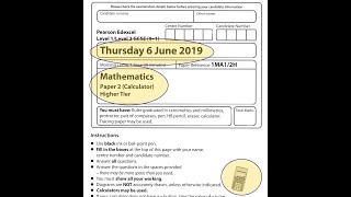 EDEXCEL GCSE Maths. June 2019. Paper 2. Higher. Calculator. 2H.