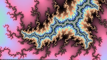 Mandelbrot zoom #4: That One. Square Root of Escape count mapped to 10x looped palette.