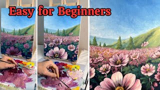 Pink Flower Field Acrylic Painting | Step-by-Step Scenic Art Tutorial