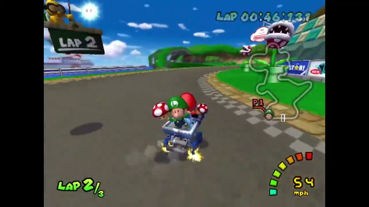 Mario Kart: Double Dash!! (GameCube). Time Trials. Yoshi Circuit. Total: 2:17.845. Best lap: 44.888.