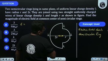 Two semicircular rings lying in same plane, of uniform linear charge density \(\lambda\) have rad...