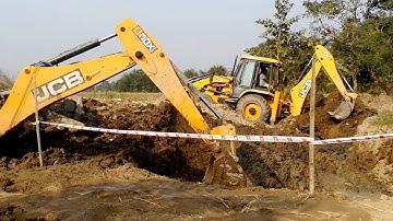 Two JCB Machine Digging For Bridge Foundation Construction-JCB Working-New Bridge Construction. P2