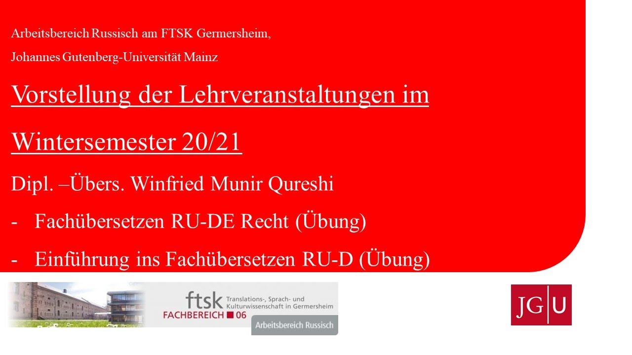 Dipl.-Übers. Munir Qureshi zu seinen Übersetzungsübungen im WS20/21 ...