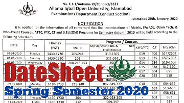 AIOU Date Sheet 2020 for Matric FA FSC BA PTC Courses