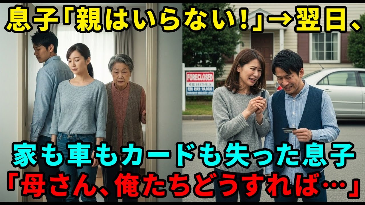 【スカッと】「もう親なんていらない」と絶縁宣告してきた息子夫婦。私が静かに笑って家を去ると、翌日、家も車も全財産も私の物だと知り、全てを失った2人が絶望する 【シニアライフ】【60代以上の方へ】