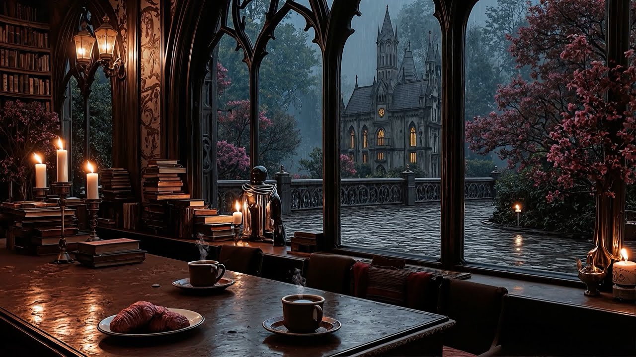 Rainy Gothic Library Café ☕📚 | Dark Academia Piano & Cello Music | Deep Focus Study & Reading
