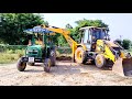 JCB 3dx John Deere 5050 Di power  tractor with fully loaded trolley pulling Mahindra tractor power